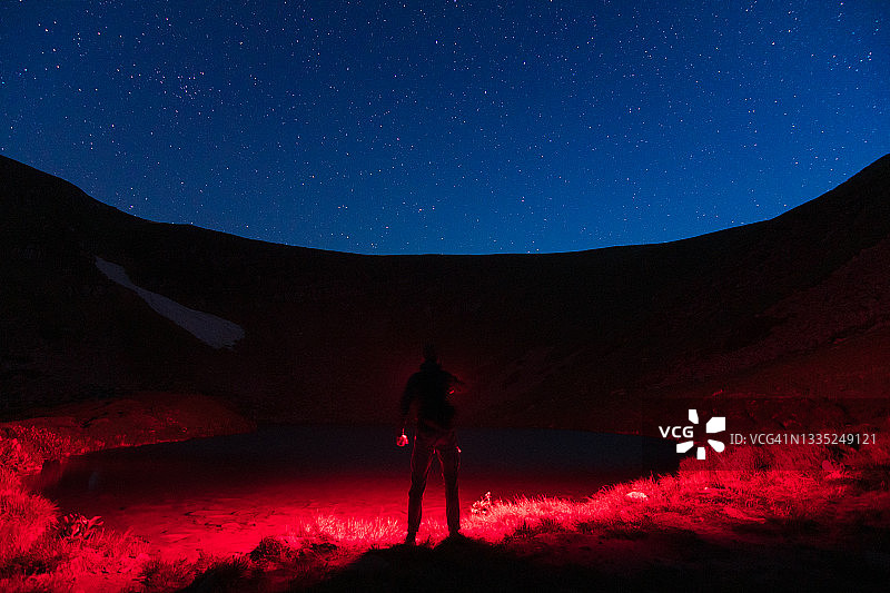 一个男人的剪影看着银河闪烁的星星图片素材