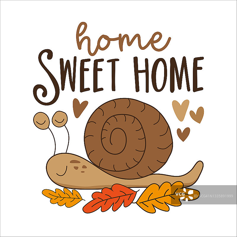 温馨的家-房子引用字体印刷，有可爱的蜗牛和树叶。图片素材