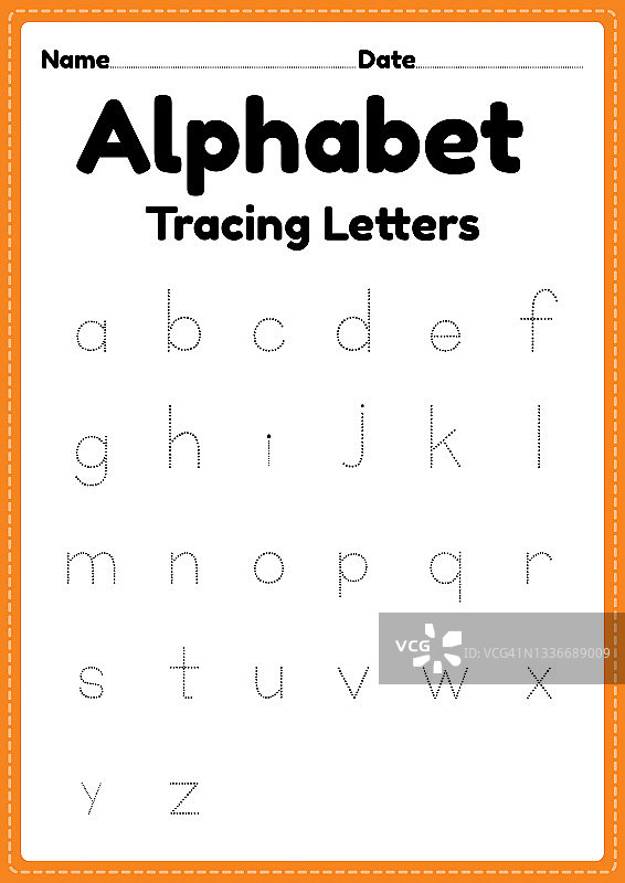 为幼儿园和学龄前儿童的书写练习和教育活动在一个可打印页的字母表字母工作表。图片素材