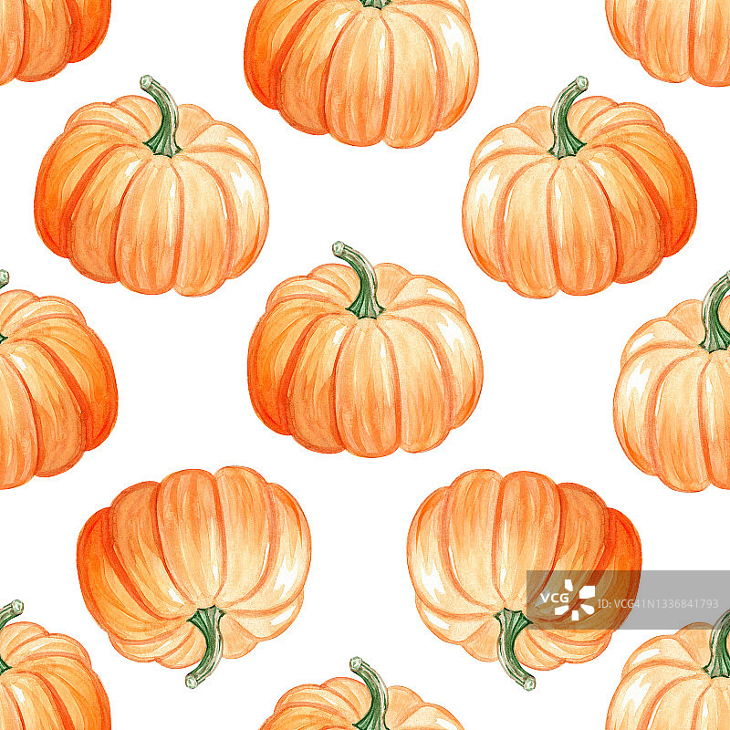 水彩橙色南瓜无缝图案上的白色图片素材