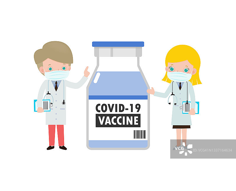 新型冠状病毒或新型冠状病毒疫苗概念。快乐白种人医生团队与疫苗瓶，医务人员医生和护士，组医务人员隔离在白色背景矢量插图图片素材