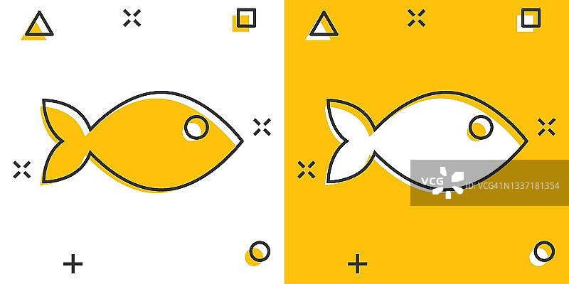 鱼的标志图标在漫画风格。金鱼矢量卡通插图的白色孤立的背景。海鲜经营理念的飞溅效应。图片素材