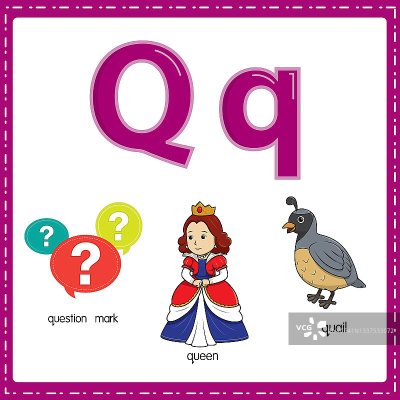 向量插图学习字母Q的小写和大写的儿童与3卡通图像。问号鹌鹑女王。图片素材