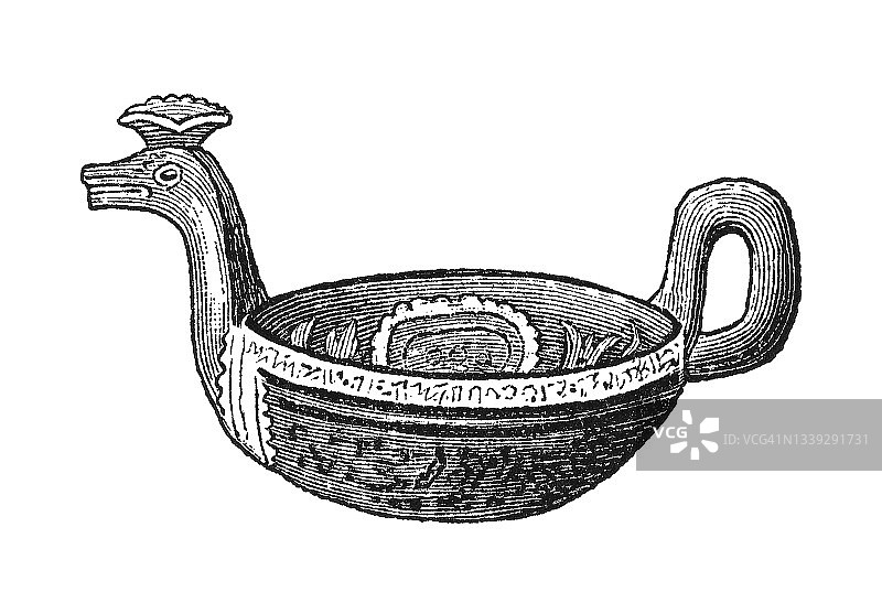 古老的北欧文化雕刻插图，雕刻和绘画的饮酒碗图片素材