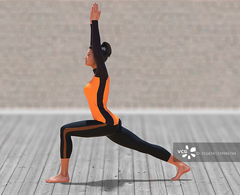 虚拟女人与运动装备在瑜伽战士一个姿势与一个干净的木地板图片素材