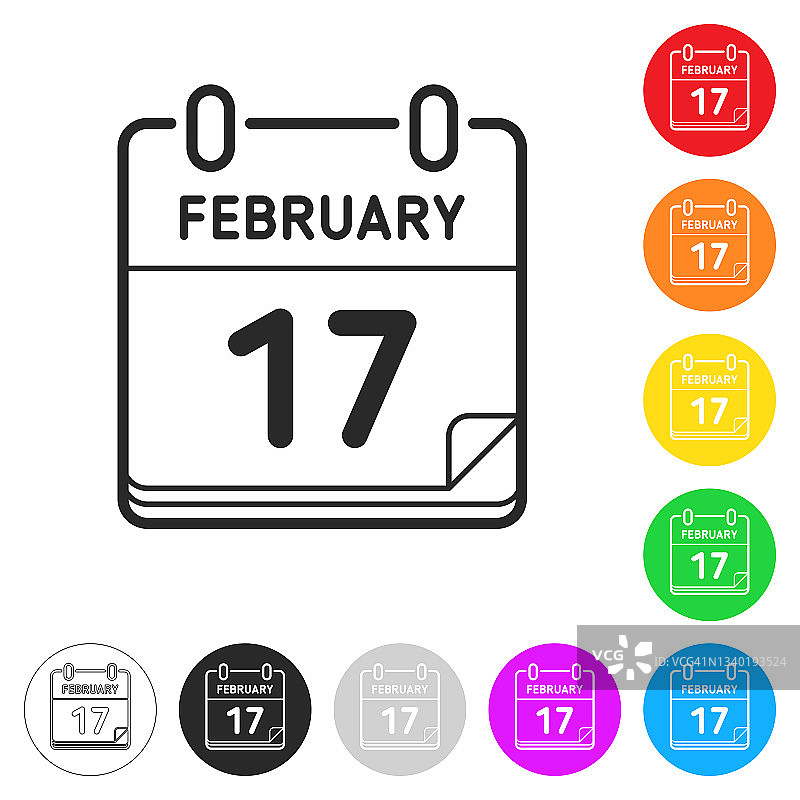 2月17日。按钮上不同颜色的平面图标图片素材