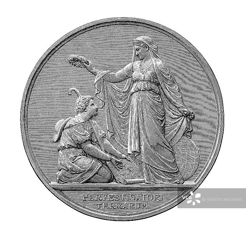 古钱币雕刻插图，亚历山大冯洪堡-地理学会奖章，柏林图片素材