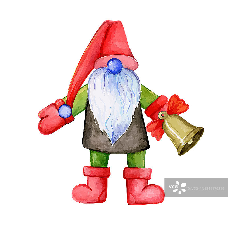 一个圣诞侏儒拿着一个铃铛。水彩插图图片素材