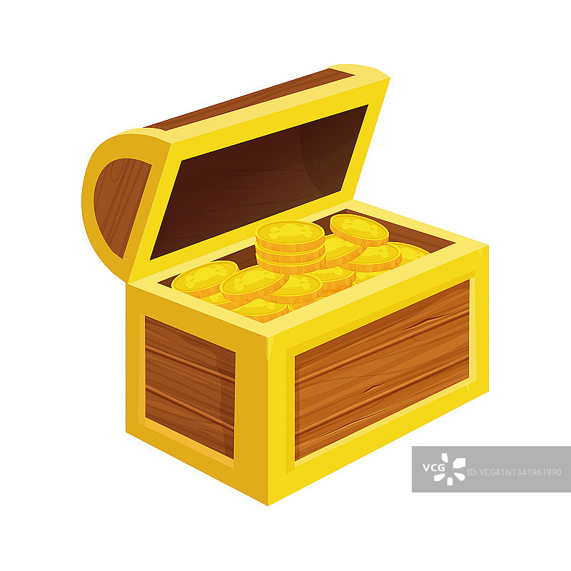 装满金币的宝箱在卡通风格孤立在白色背景上。游戏资产,ui。开放的木制纹理物体。矢量图图片素材