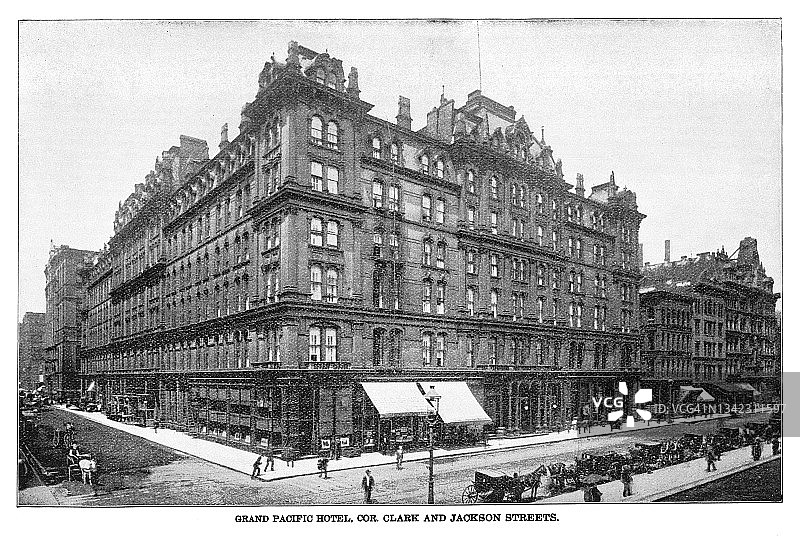 旧版画插图的芝加哥在19世纪，大太平洋酒店，角落克拉克和杰克逊街道图片素材