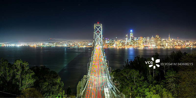 美国加州，奥克兰湾大桥，旧金山的天际线图片素材