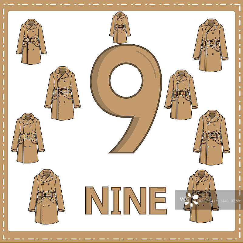 幼儿数字教育插图。为孩子们学会了用9号大衣数9号，如图所示，在布料类中图片素材