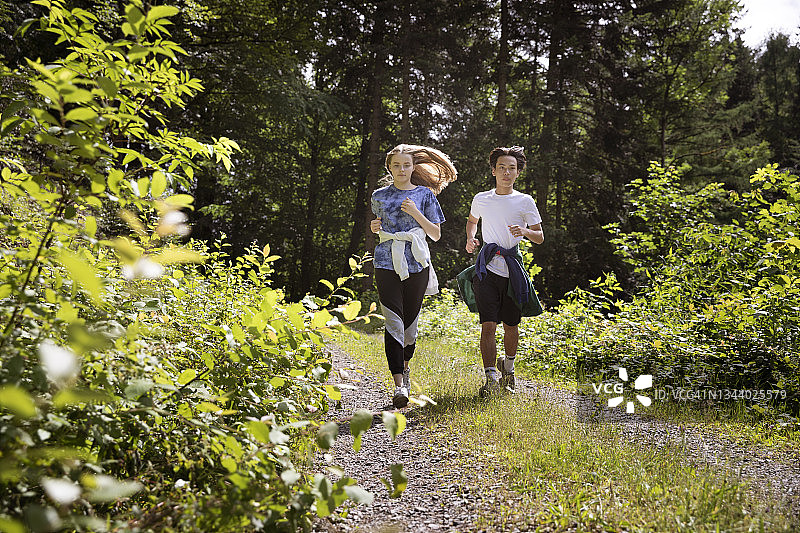 一个阳光明媚的夏天，一群十几岁的男孩和女孩沿着一条小径慢跑，穿过黑森林。图片素材