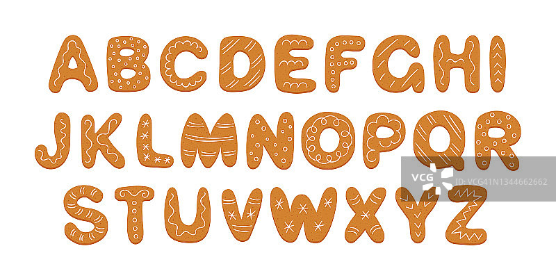 字母姜饼饼干与糖釉。圣诞或新年的卡通字母。姜饼假日饼干。糕点字体。手绘矢量插图孤立在白色背景图片素材