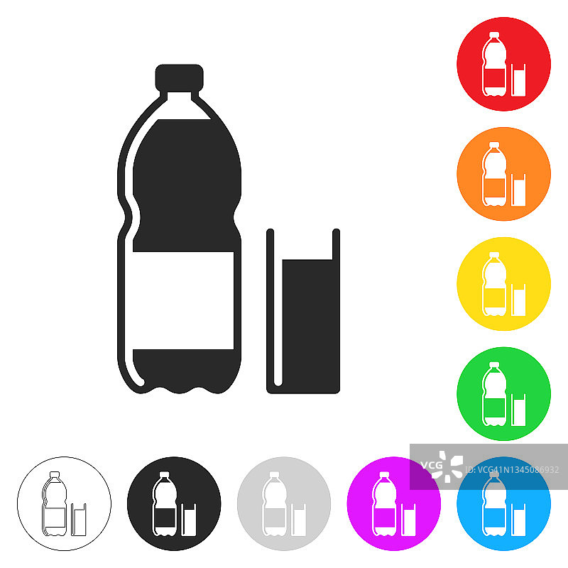 一瓶和一杯苏打水。按钮上不同颜色的平面图标图片素材