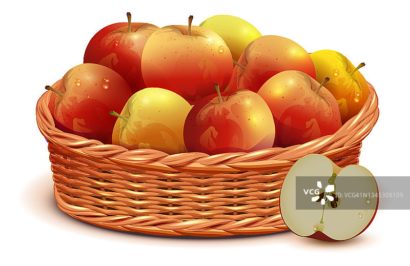 装满红苹果的柳条篮子象征丰收节感恩节图片素材