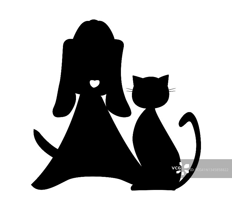 狗和猫黑色剪影在白色背景矢量插图图片素材