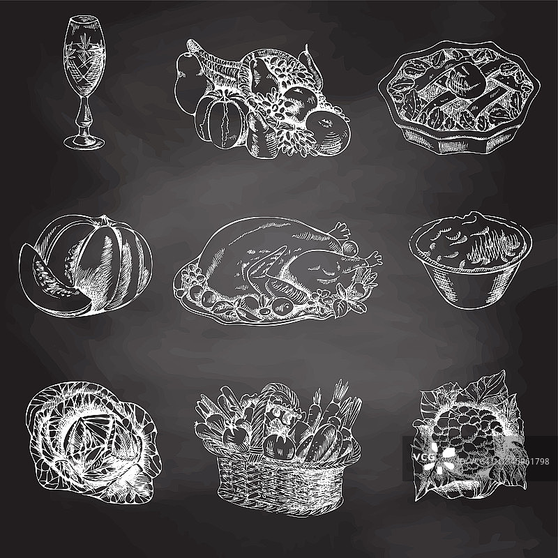 矢量手绘感恩节插图。老式的食物菜单。黑板。的草图。图片素材