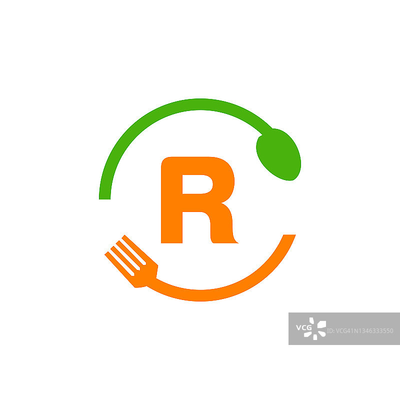 餐厅标志设计与勺子和叉子的字母R概念模板。厨房工具，食物图标。采购产品烹饪标志，烧烤标志，烧烤叉与R字母向量图片素材