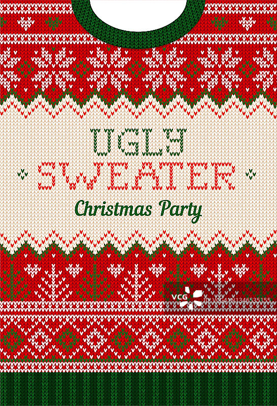 丑毛衣圣诞派对邀请。针织背景图案斯堪的纳维亚针织饰品。图片素材