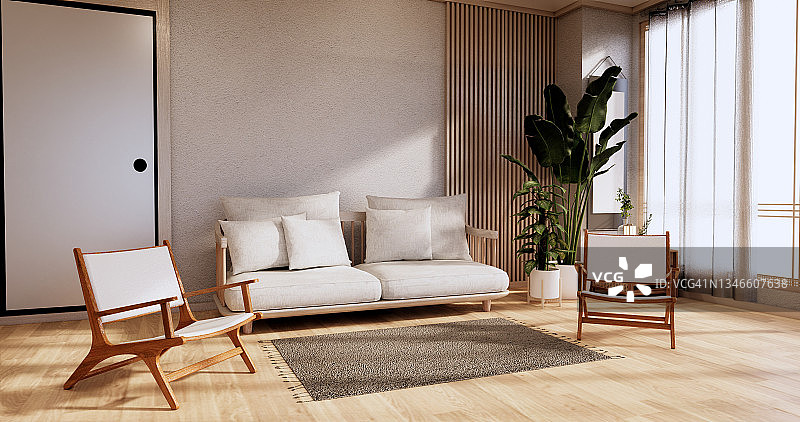 沙发家具和现代房间设计简约。三维渲染图片素材
