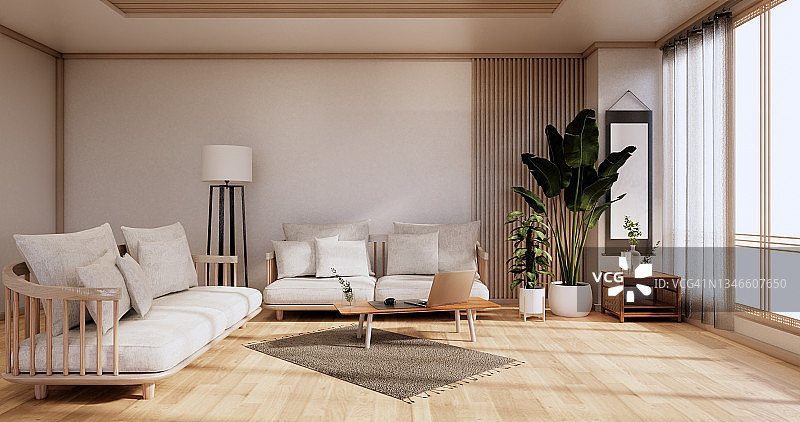 沙发家具和现代房间设计简约。三维渲染图片素材
