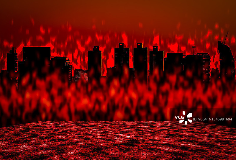 闷热的地面和城市的熊熊火焰。全球变暖的概念来自被摧毁的城市和自然威胁。图片素材