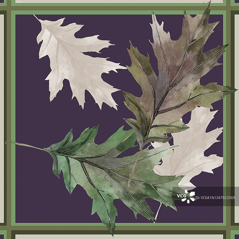 围巾设计与秋天的橡树叶子水彩色彩丰富的背景。图片素材
