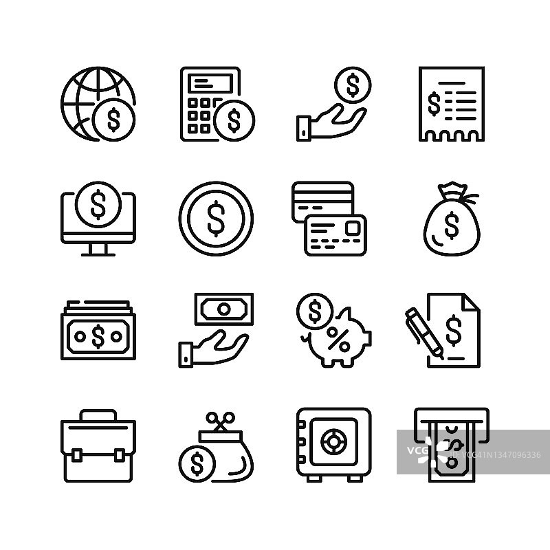 金融行图标。集轮廓符号，简单的图形元素，现代线性风格的黑色象形图集合。钱的概念。矢量线图标集图片素材