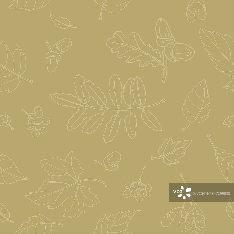 单色轮廓花楸，枫树和橡树的叶子和浆果在赭色的背景。无缝的矢量模式图片素材