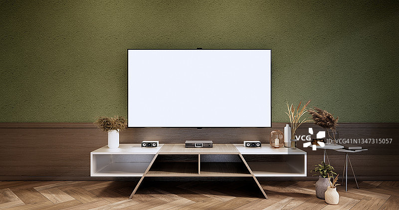 绿色房间的电视架子现代热带风格-空房间内部-极简设计。三维渲染图片素材