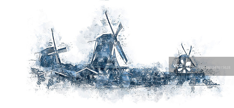 流行的代尔夫特蓝色绘画风格的风车水彩画。荷兰的流行绘画。图片素材