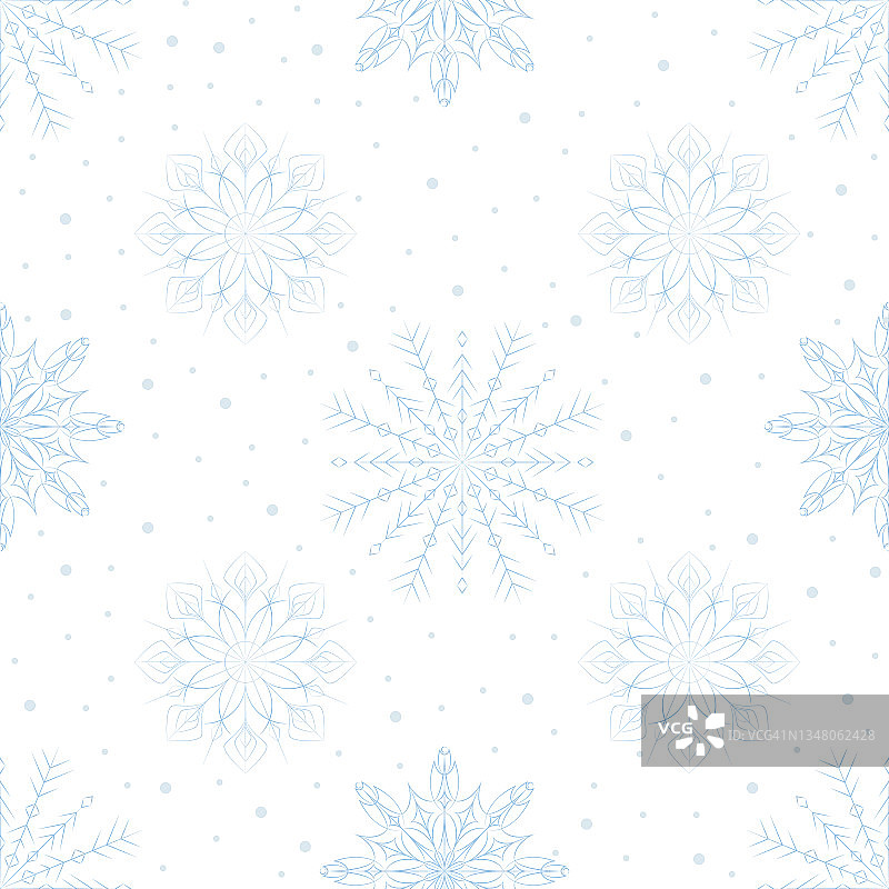 圣诞节、新年、节假日无缝的图案，在透明的背景上画上雪花。图片素材