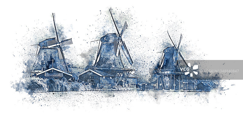 流行的代尔夫特蓝色绘画风格的风车水彩画。荷兰的流行绘画。白色背景上的艺术图像。图片素材