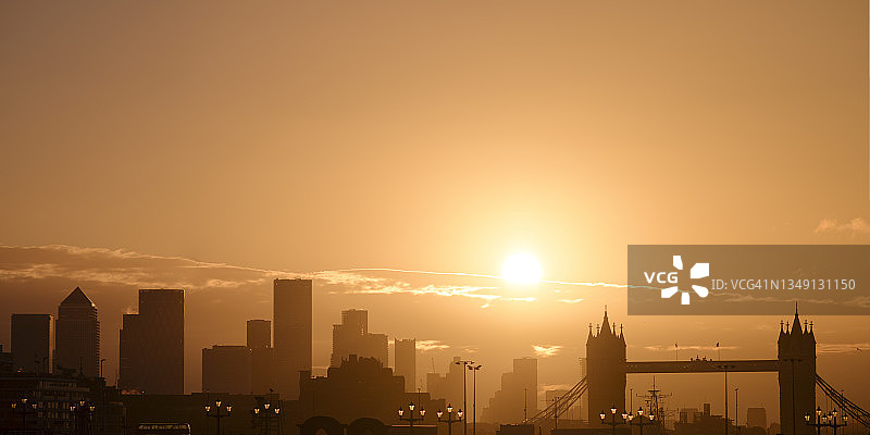 日出时伦敦城市天际线的全景图片素材