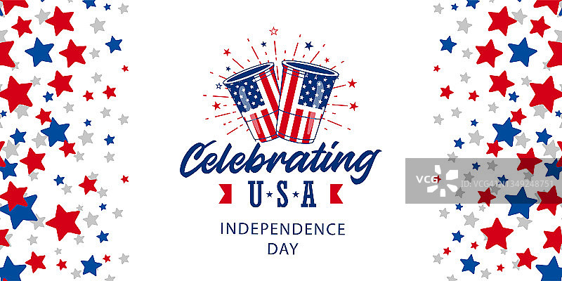 简单的庆祝美国独立日设计与啤酒和烟花，在红色，蓝色，和白色星爆抽象的背景，模板。矢量插图。图片素材