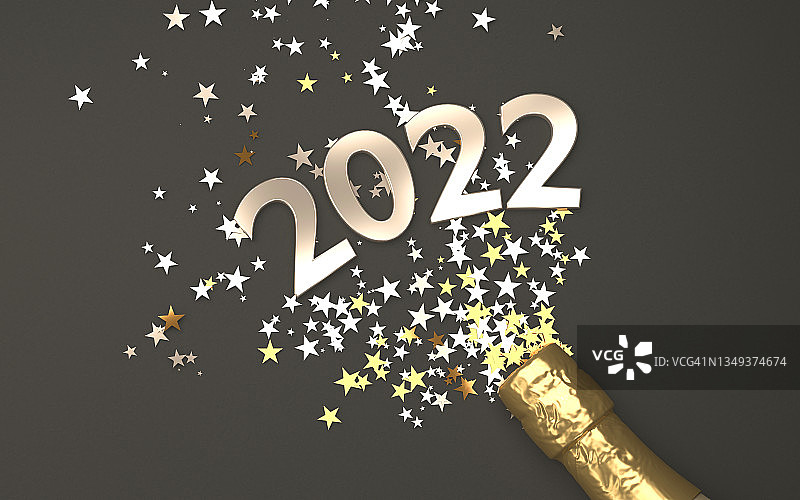 圣诞新年贺卡灰色背景与黄金闪光饰品和香槟瓶与2022标题图片素材