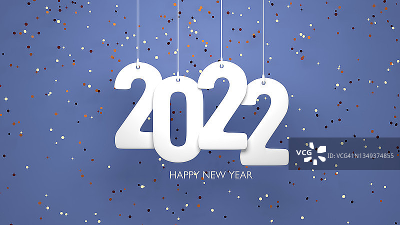2022年新年快乐的文字悬挂像圣诞饰品为新年贺卡背景蓝色图片素材