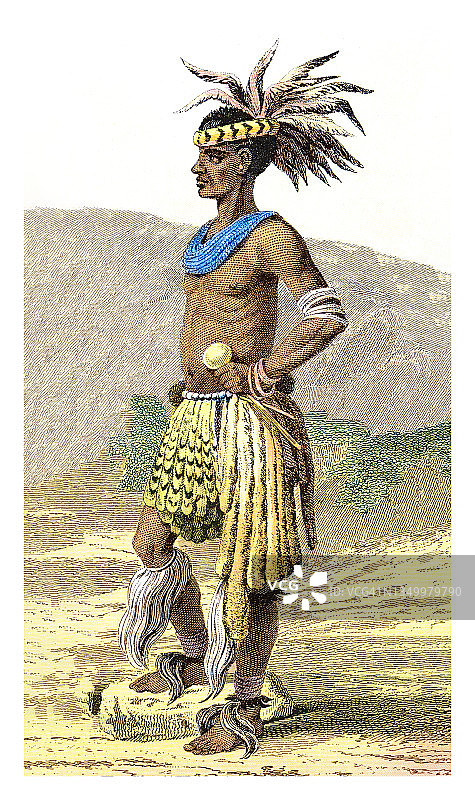 古老的彩色版画民族学插图，祖鲁人-年轻的祖鲁人在婚姻舞蹈服装图片素材