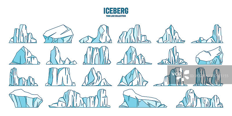 漂浮冰山素描集。漂流的北极冰川，冻结的海水块。冰雪覆盖的山脉。融冰的峰值。南极的景观。轮廓图。矢量图图片素材