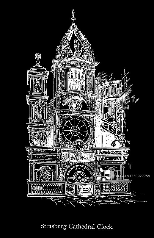 斯特拉斯堡天文钟，巴黎圣母院，斯特拉斯堡大教堂，斯特拉斯堡圣母大教堂的古老雕刻插图图片素材