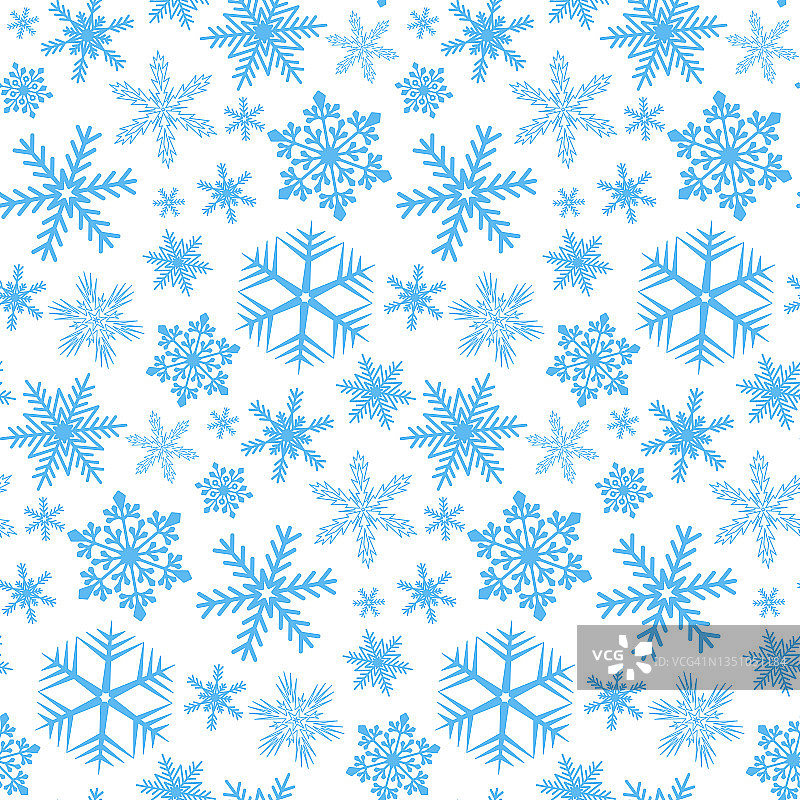 雪白的冬季圣诞无缝的图案，蓝色的雪花在白色的背景上，对称的点缀图片素材
