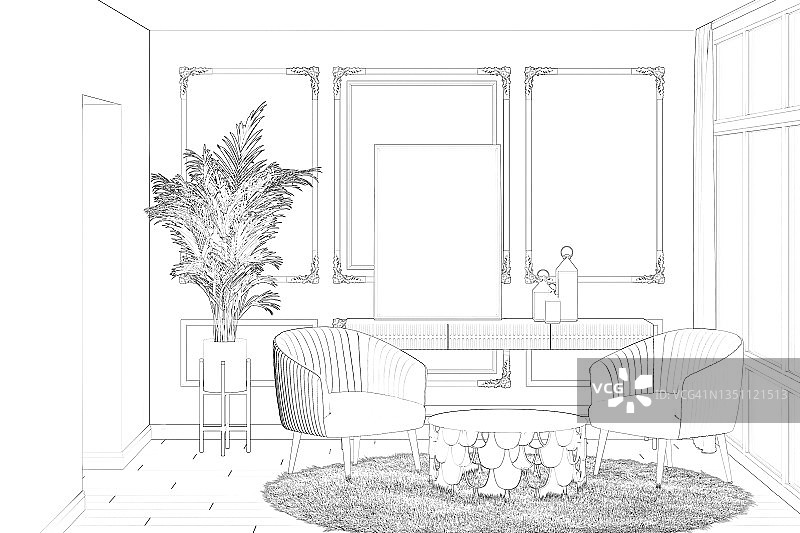 这是一幅精美的客厅素描，古典墙旁边的控制台上有一张垂直海报，咖啡桌旁边的扶手椅，大窗户旁边的窗帘，门口旁边的一棵棕榈树。图片素材