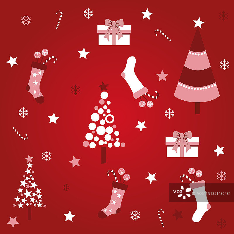 红色背景上的小袜子和圣诞树图片素材