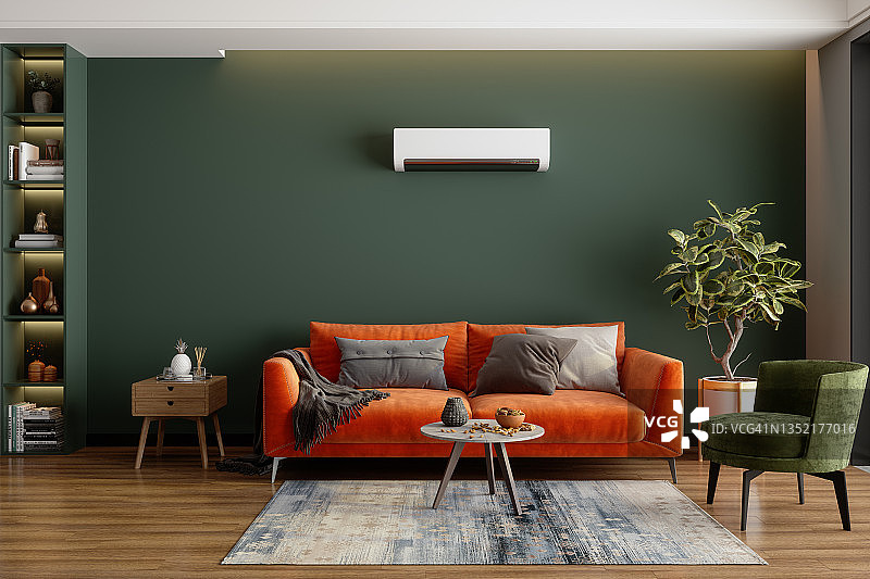 现代客厅内饰，空调，橙色沙发和绿色扶手椅图片素材