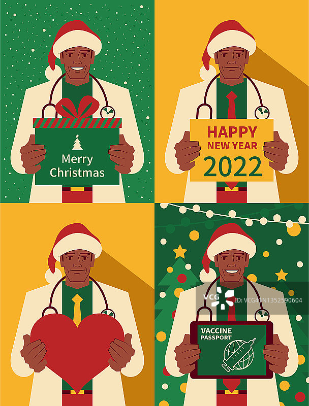 快乐英俊成熟的医生穿着圣诞老人的衣服，手里拿着圣诞礼物和新年贺卡和心形符号和数字平板电脑图片素材