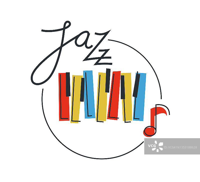 爵士音乐标志或标志向量平面风格插图孤立，大钢琴标志类型为唱片标签或工作室或乐队。图片素材