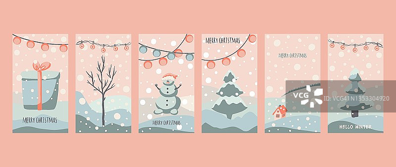 圣诞贺卡可爱的手绘风格和时尚的搭配柔和的颜色。圣诞树和雪人用礼品盒在雪堆上撒上花环和雪花图片素材