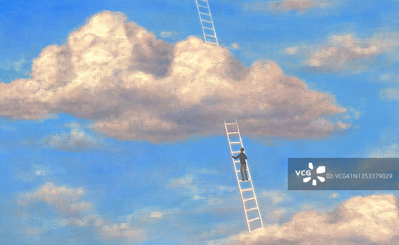 概念艺术，超现实绘画，人与楼梯在天空，云画，成功希望天堂抱负和梦想概念，3d插图图片素材