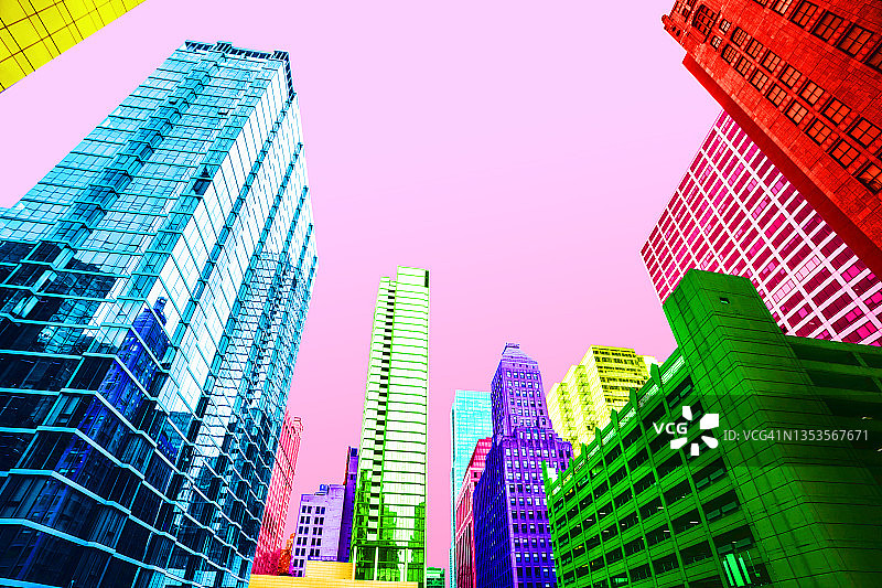 芝加哥彩色摩天大楼的超现实画面。图片素材